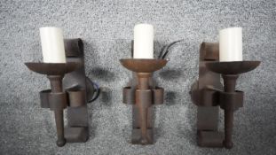 Three Impex refectory aged wrought iron single Gothic wall lights. H.18 W.33 D.16