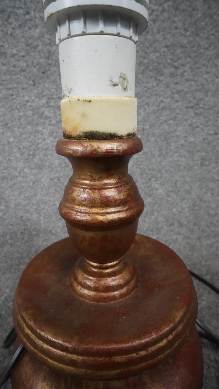 Three carved wooden and gilded table lamps. Including one with a stylised floral design. H.38 - Image 14 of 16