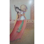 A gilt framed and glazed Indo-Persian watercolour on paper of a lady in traditional dress playing