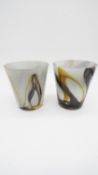Two Art Glass vases with orange and brown coloured marbling to the clear glass with opaque white