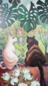 A framed oil on board of two cats among foliage. Label verso reads Margaret Pearson. H.82 W.47 D.5