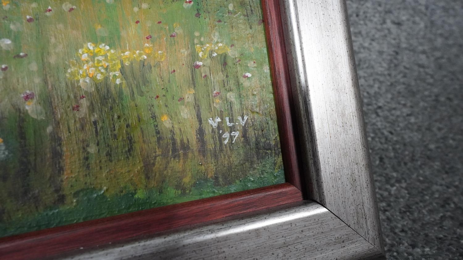 A framed oil on board of a landscape. Signed V.L.V., 99. Inscribed to the back 'Vernon Veale - Image 3 of 6