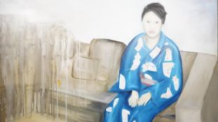 Andrew Stahl (b.1954) A large oil on canvas of a lady sitting in a kimono titled 'Dressed in Yukata,