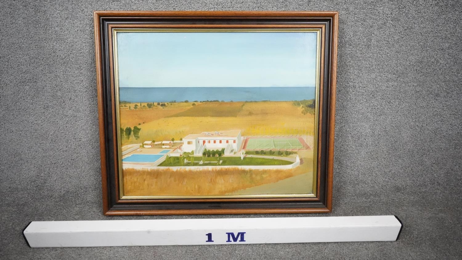 A framed mid century oil on canvas of a landscape with housing and a tennis court. Unsigned. H.62 - Image 4 of 4