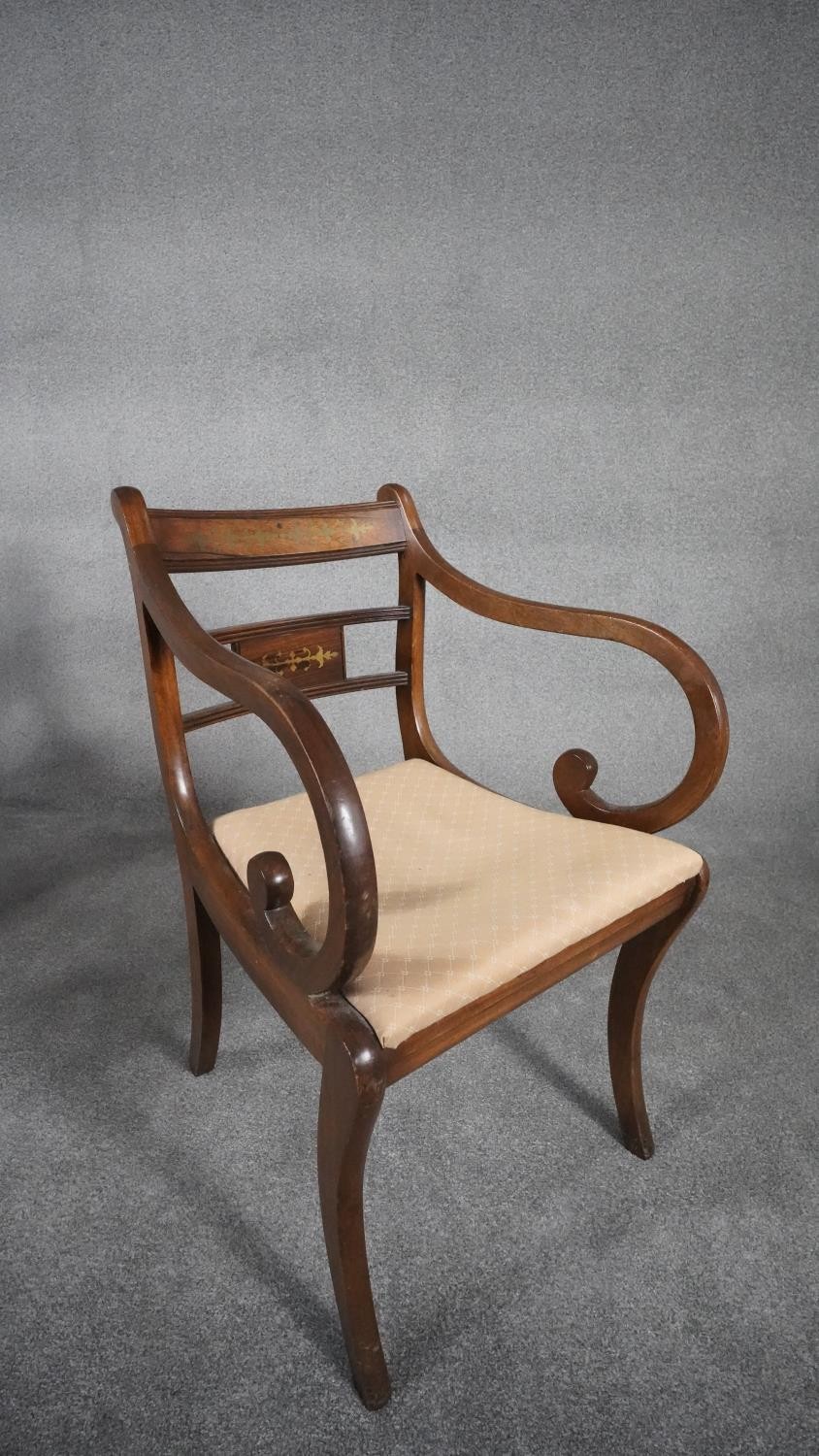 A set of six Regency mahogany style dining chairs with brass inlaid decoration and drop in seats - Image 3 of 10