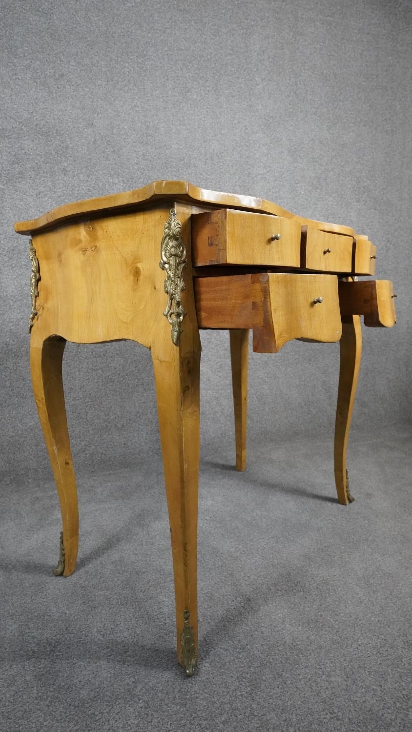 A Louis XV style burr maple kneehole writing table with ormolu mounts on slender cabriole - Image 7 of 10