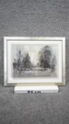 Victor Kelly RBSA, PPBWS - A framed and glazed watercolour on paper of a winter lake with trees.