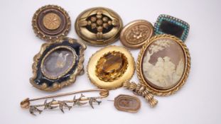 A collection of antique brooches. Including a faux cameo brooch, a seed pearl and turquoise set gold