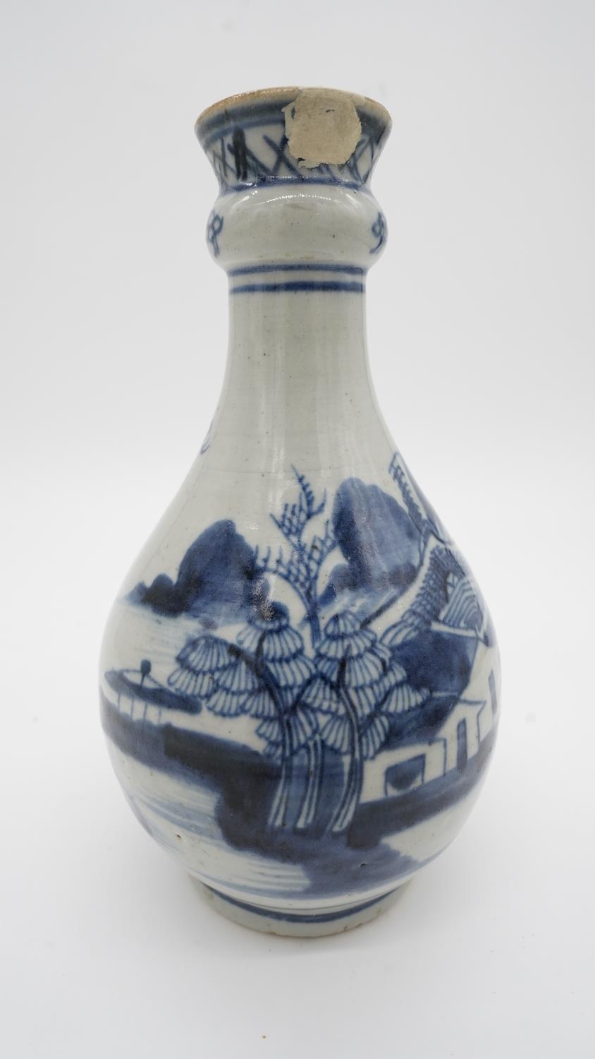 An 18th century Chinese Garlic-neck blue and white bottle hand painted vase (restored) along with - Image 6 of 10