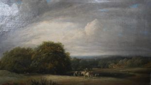 A 19th century oil on canvas of a countryside landscape with workers in the field and man on a