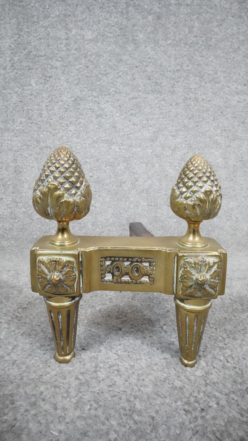 A pair of Victorian acanthus design solid brass fire dogs along with a pierced design mesh brass - Image 5 of 8