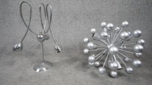 Two sculptural chrome ceiling lights. A 1980's sputnik chandelier light with eight lights and