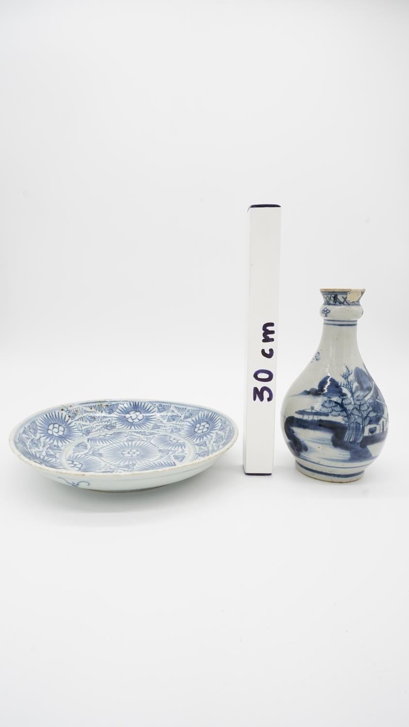 An 18th century Chinese Garlic-neck blue and white bottle hand painted vase (restored) along with - Image 10 of 10