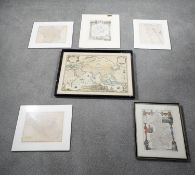Six antique hand coloured maps. Two framed and glazed maps, one of L'Asie and one of Cambridgeshire.