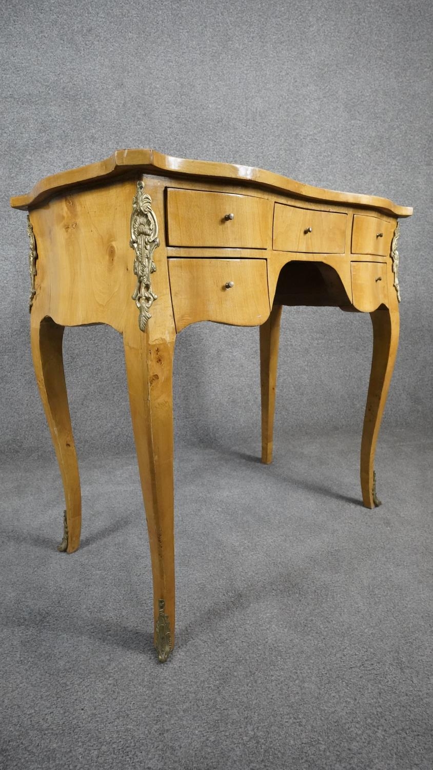 A Louis XV style burr maple kneehole writing table with ormolu mounts on slender cabriole - Image 5 of 10