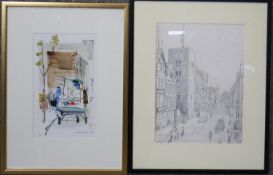 Edna Lumb- A framed and glazed watercolour on paper of a market street, signed and dated with
