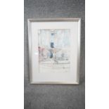 P Maury- A framed and glazed watercolour of a courtyard. Signed by artist. H.66 W.51