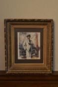 A framed and glazed watercolour study of a man standing on the deck of a sailing ship holding