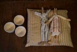 A linen striped cushion, two Danish soft toys and three Italian hand decorated ceramic bowls. H.50