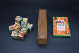 Boxed vintage dominoes, Part Medley, a vintage boxed party game and a set of picture blocks. H.8 W.