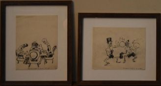 A framed and glazed French ink cartoon and another similar, both inscribed. H.42 W.36cm (tallest) (