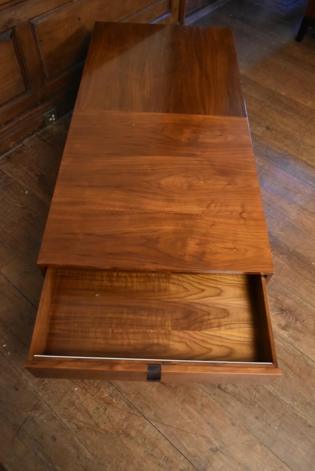 A contemporary teak coffee table fitted with end drawer on metal base with square tapering supports. - Image 5 of 5