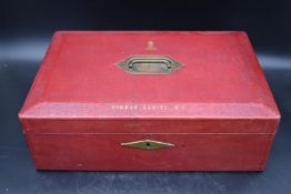 A red leather dispatch box marked Norman Lamont M.P. (Chancellor of the Exchequer 1990-93),