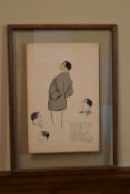 A ink wash sketch of a posturing gentleman, indistinctly signed and inscribed, framed in clear