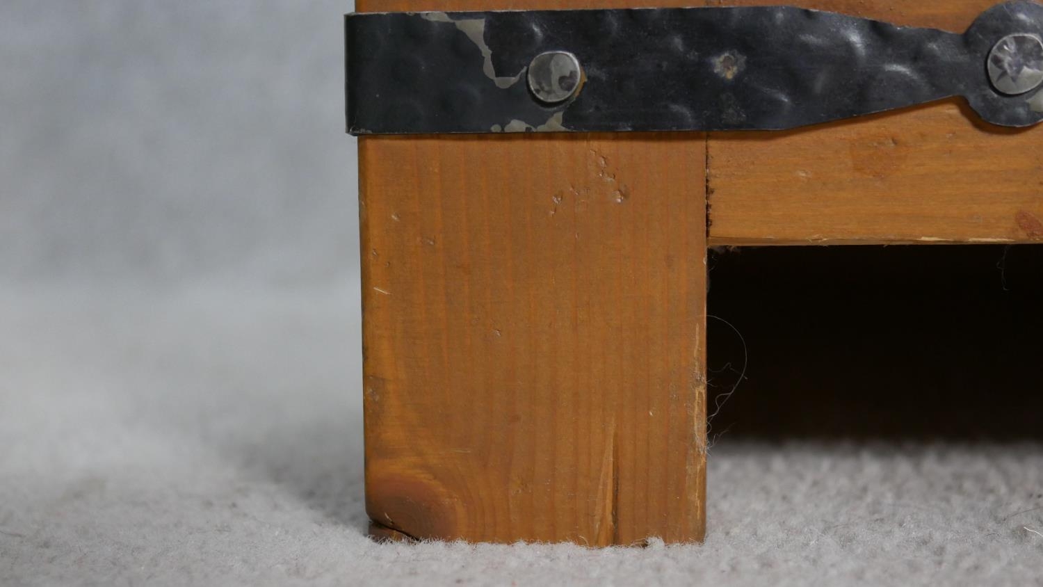 An Eastern teak brass bound side cabinet with rattan panelled doors on block feet. H.62 W.95 D.47. - Image 5 of 6