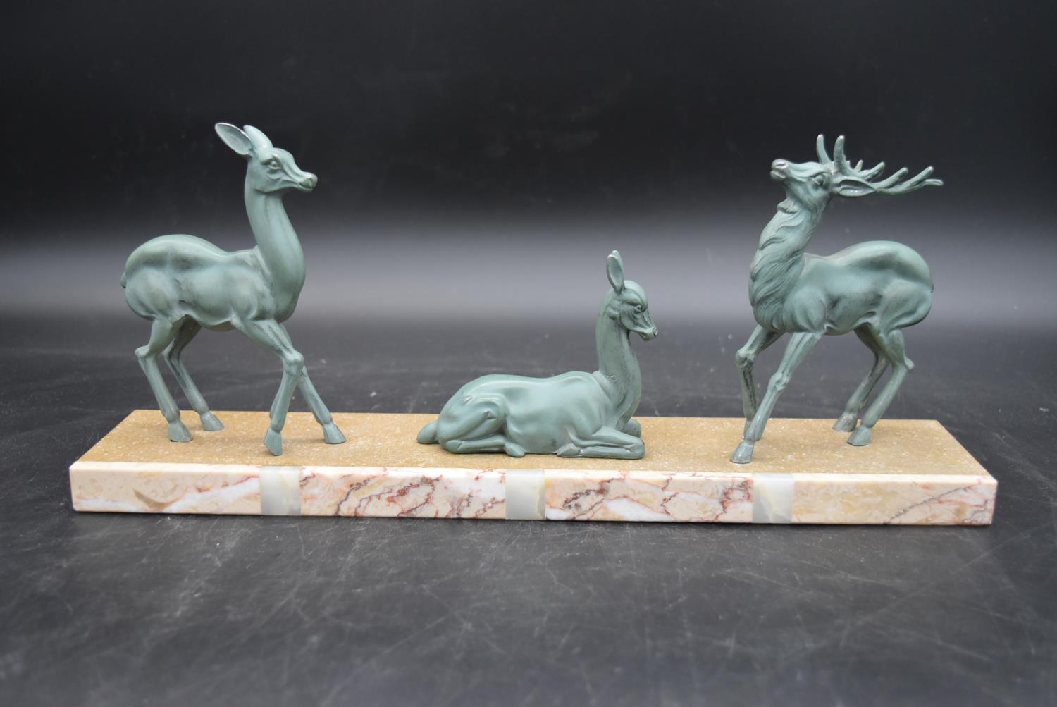 An Art Deco bronze figure group, deer and a stag, on marble base. H.16 W.40 - Image 2 of 7