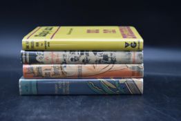 Four first edition books: One Fat Englishman by Kingsley Amis and other titles by P. G. Wodehouse,