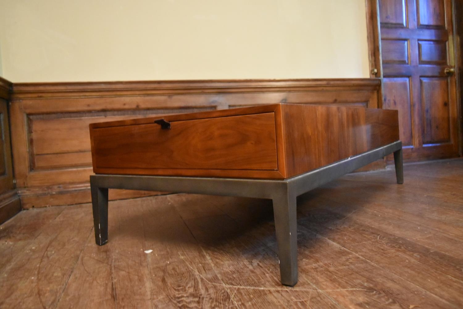 A contemporary teak coffee table fitted with end drawer on metal base with square tapering supports. - Image 4 of 5