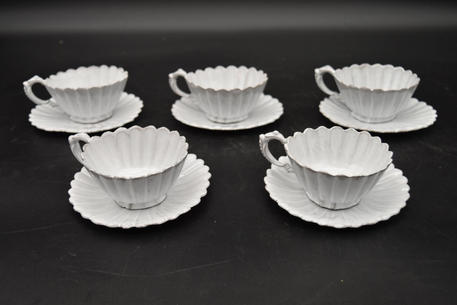 A set of five Astier de Villatte cups and saucers along with a pair of similar pendant light shades. - Image 2 of 17