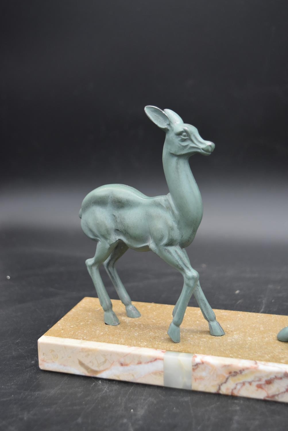 An Art Deco bronze figure group, deer and a stag, on marble base. H.16 W.40 - Image 3 of 7