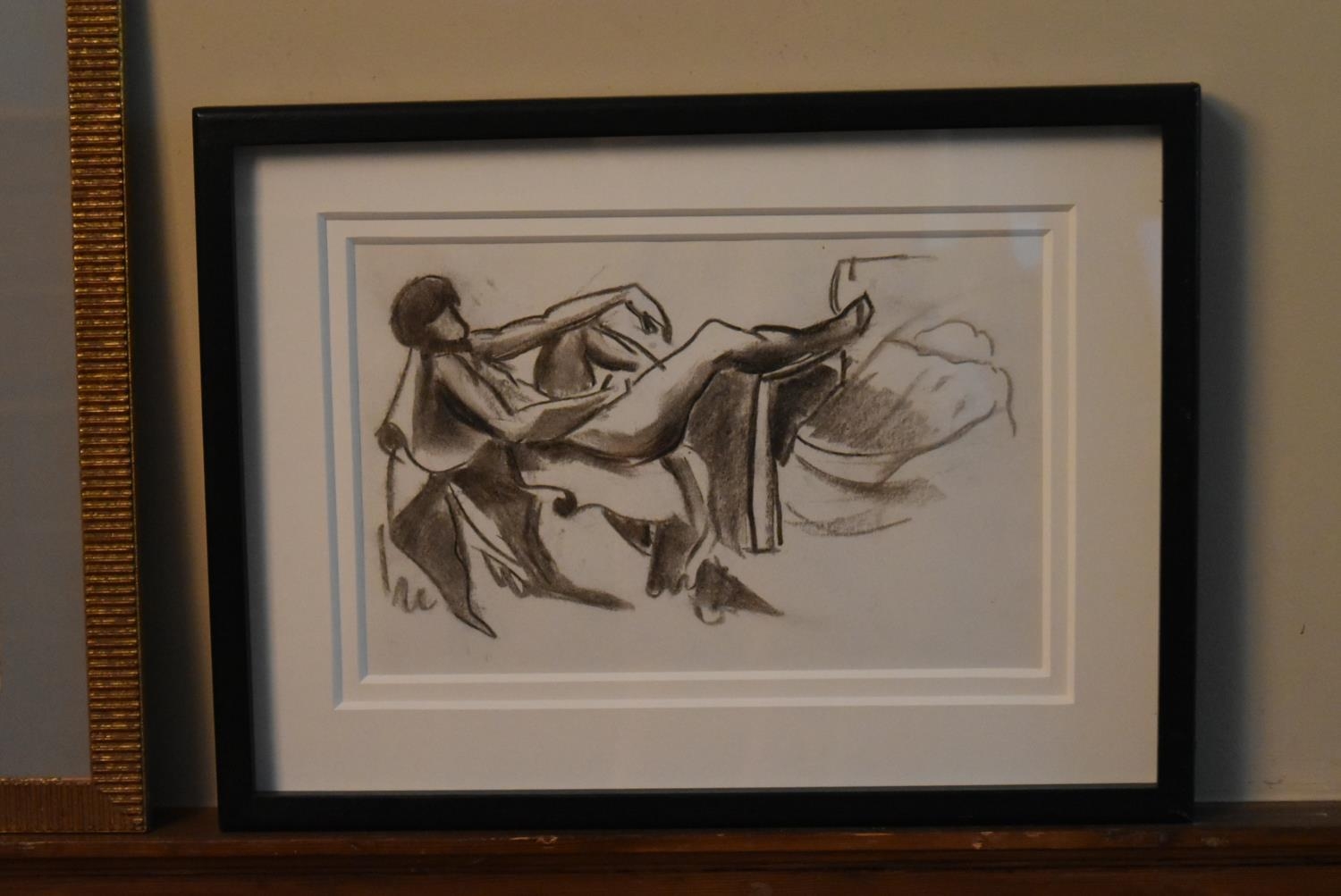 A charcoal study of a nude figure, unsigned, an ink sketch of a young couple indistinctly signed and - Image 6 of 9