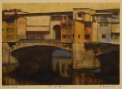 A gilt framed and glazed oil on card, Ponte Vecchio, indistinctly signed and dated. H.45 W.55cm