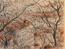 Jean-Pierre Lachaux, a framed and glazed pastel sketch, a boulevard through trees in winter,
