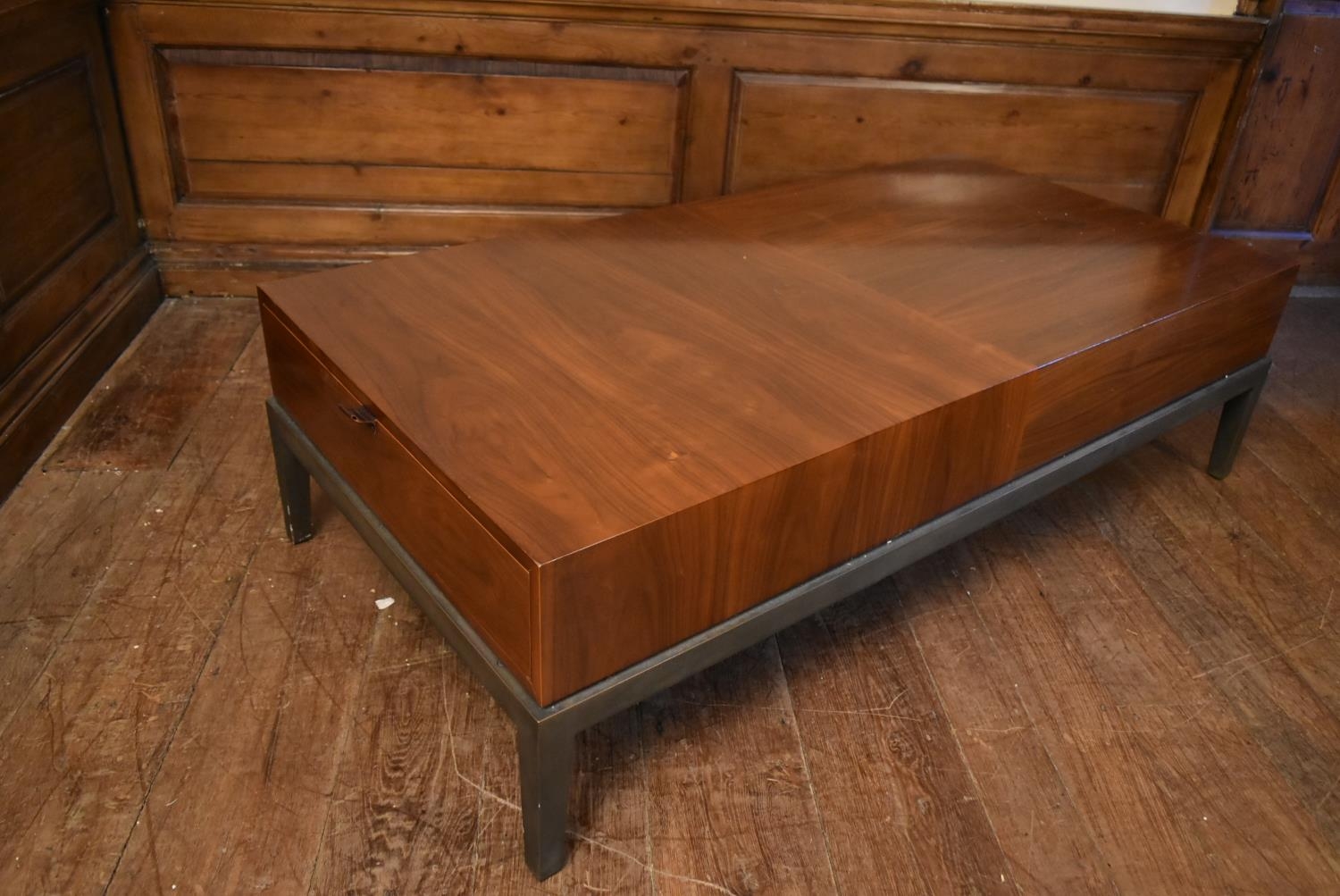 A contemporary teak coffee table fitted with end drawer on metal base with square tapering supports. - Image 3 of 5