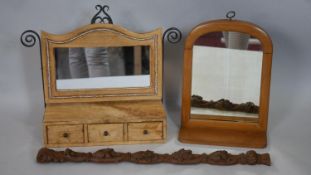 Two dressing table mirrors and an oak carving. H.38 W.47 D.14cm (Larger mirror)