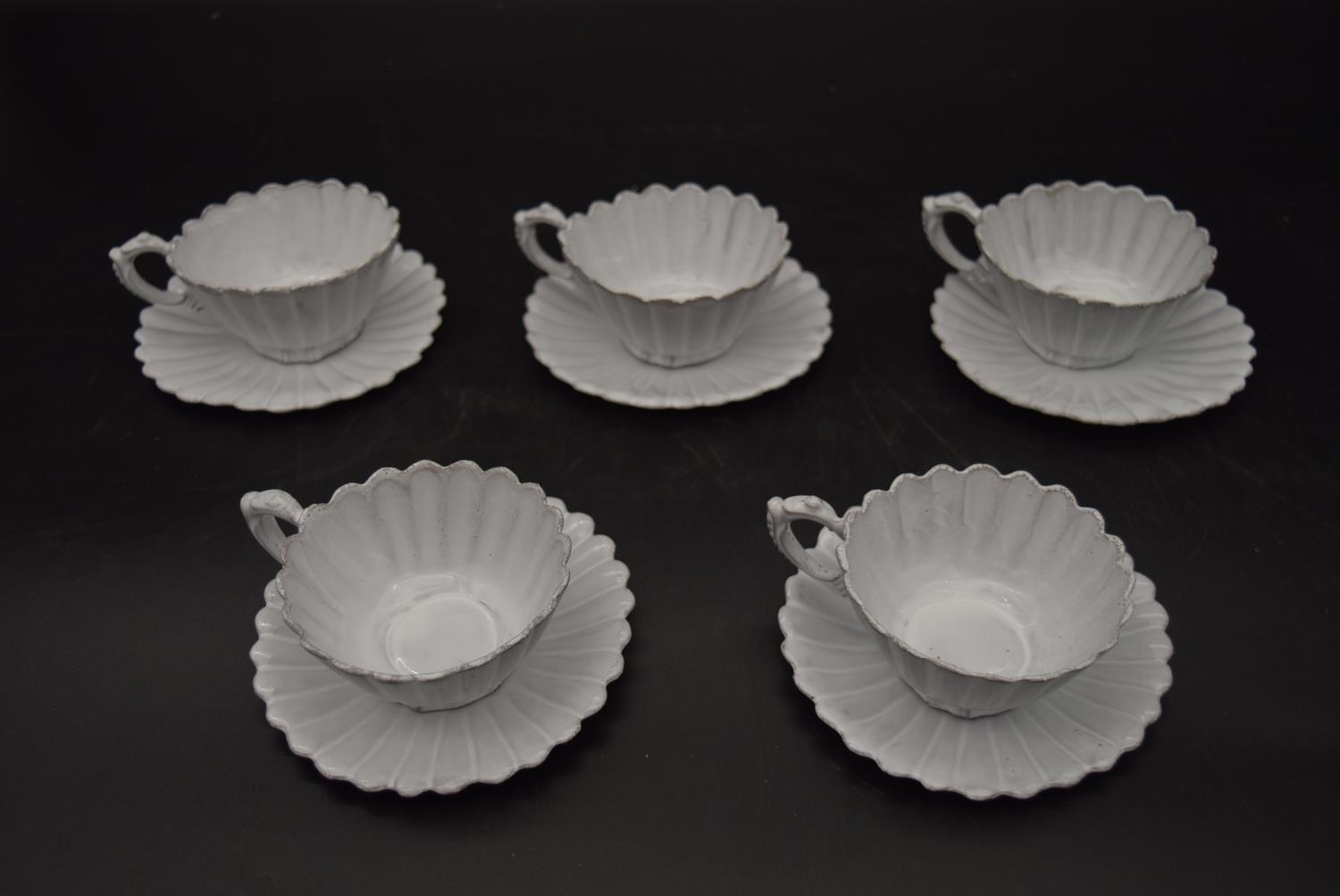 A set of five Astier de Villatte cups and saucers along with a pair of similar pendant light shades. - Image 9 of 17