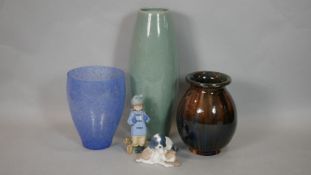 Two Art pottery ceramic vases (one French), a hair bell blue and while marbled Art Glass vase and