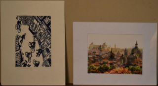 Eddy Varekamp, a limited edition signed etching, street scene and a print of Rome across rooftops,