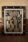 A framed metal sheet work, abstract forms in metal studded frame. H.127 W.102cm