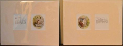 A pair of mounted lithographs featuring Beatrix Potter's Mr Jeremy Fisher. H.24 W.32cm (2)