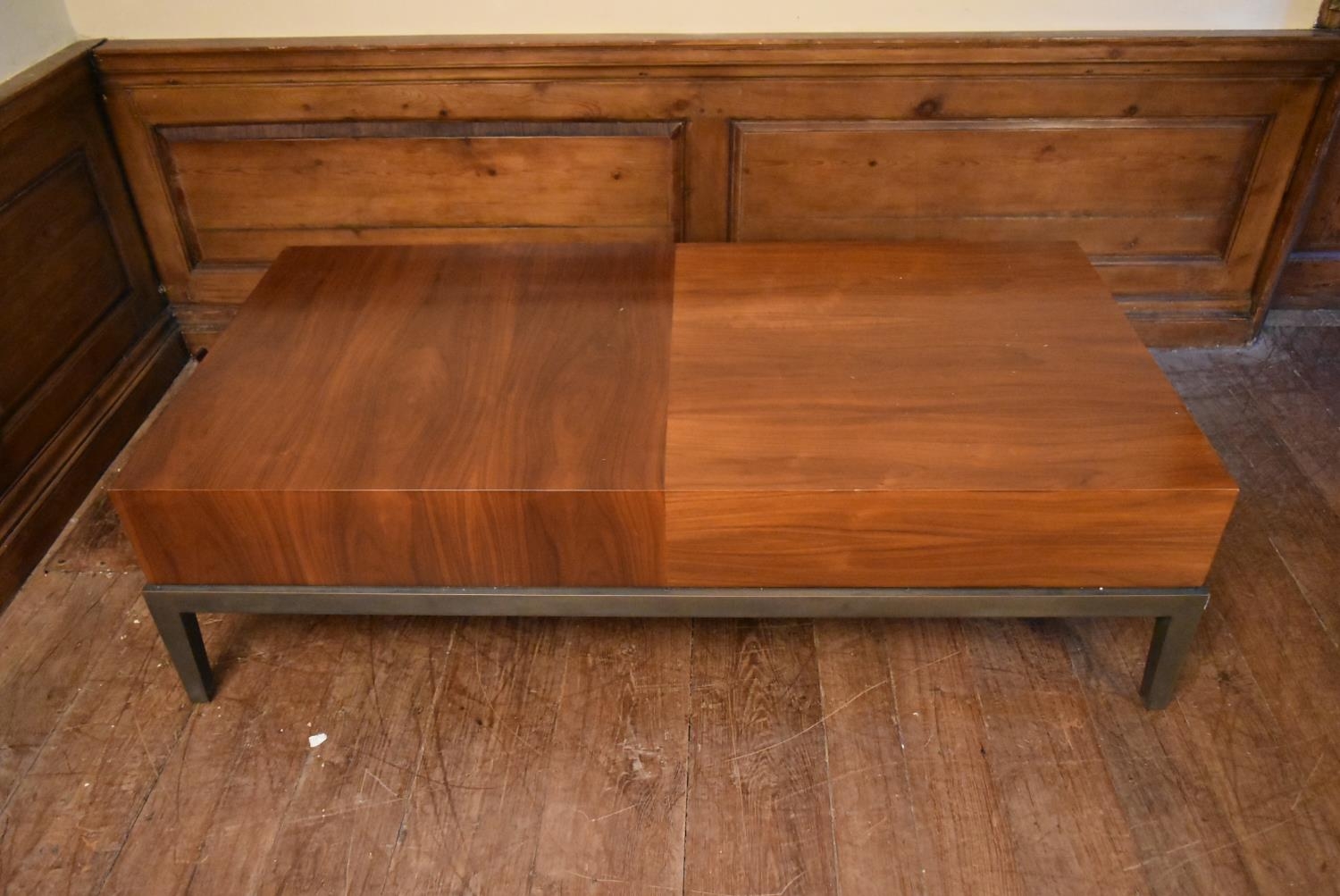 A contemporary teak coffee table fitted with end drawer on metal base with square tapering supports. - Image 2 of 5