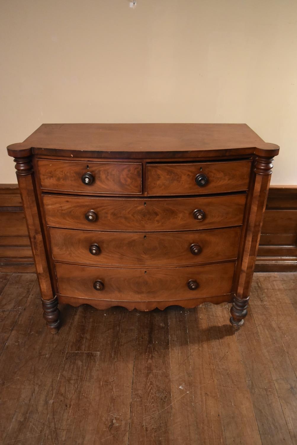 A mid Victorian mahogany bowfronted chest of two short above three long drawers flanked by - Image 2 of 5