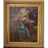 A carved gilt framed oil on canvas of a couple dining. Indistinctly signed front and back. H.100 W.