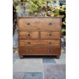 A 19th century camphor two part brass bound military chest with fitted secretaire section and