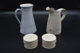 Two art pottery jugs, one made in Positano, signed to base and the other Japanese along with salt