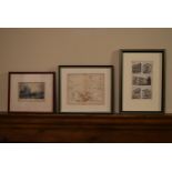 Three framed and glazed antique engravings. One of a map of Bromley, one of architectural drawings